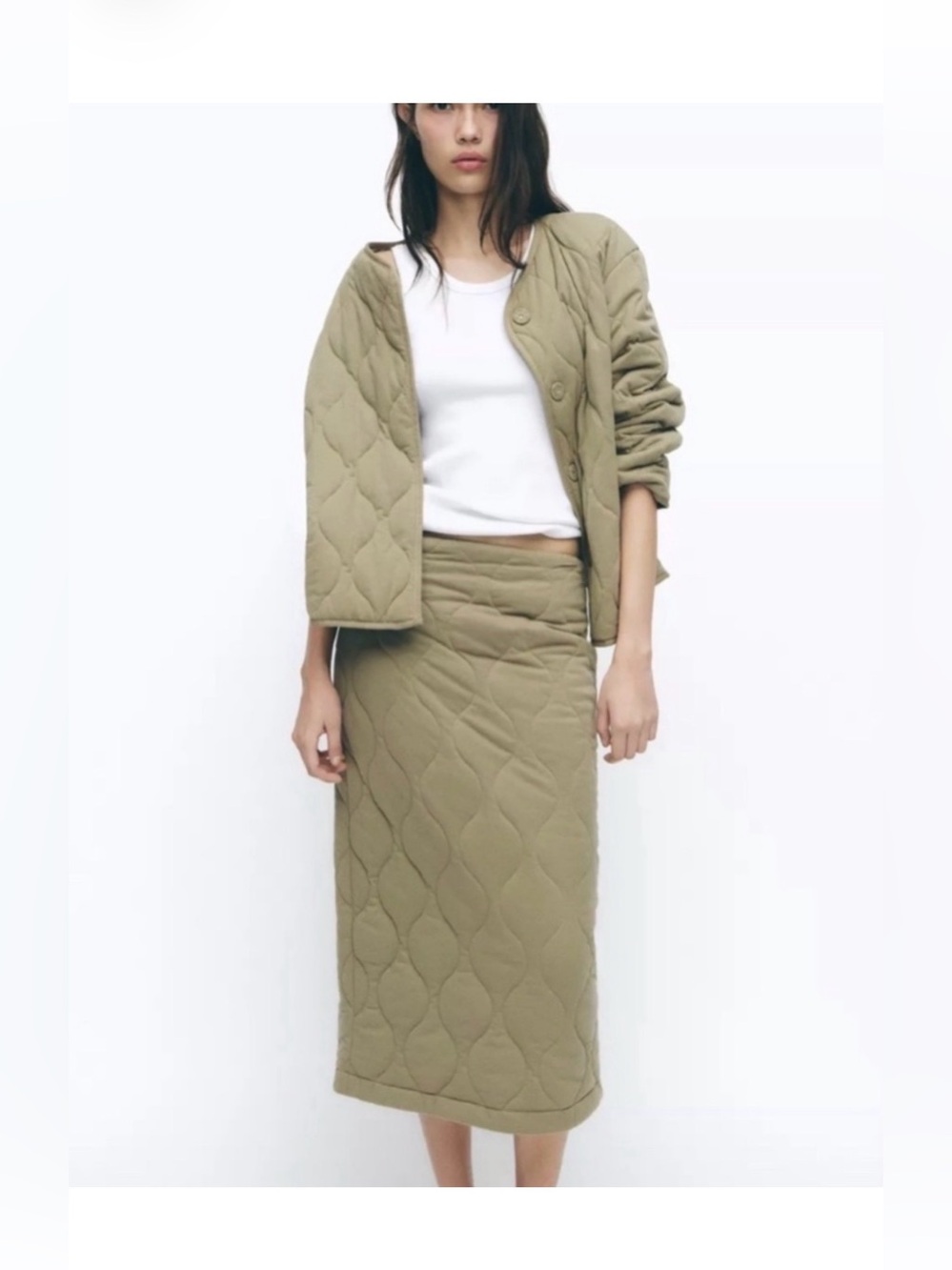 Zara Women’s Quilted Padded Olive Green Midi Skirt Size Small NWT